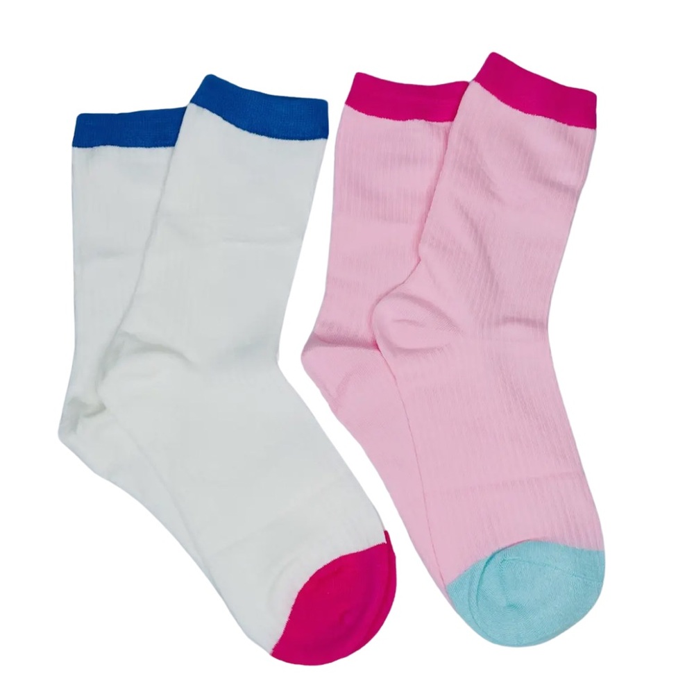 Color Block Crew Socks Set of 2 | Cotton Blend | One Size | Pink & White | NWT